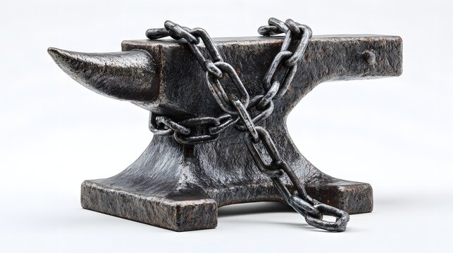 Heavy metal forging tool securely bound by thick metal links against a white background