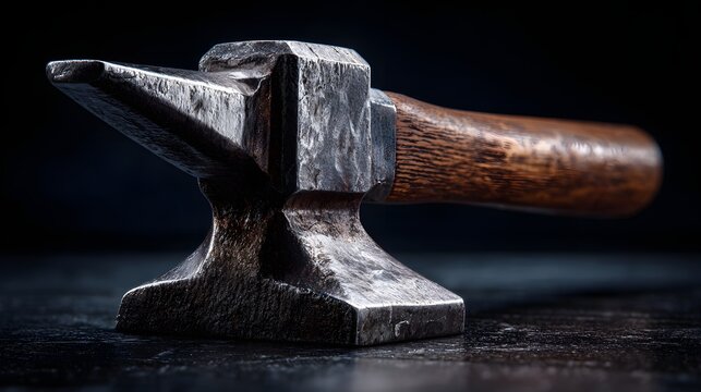 Heavy metal blacksmith tool rests on dark surface with dramatic lighting