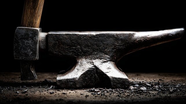 Heavy metal forging tool rests upon a dark surface surrounded by debris