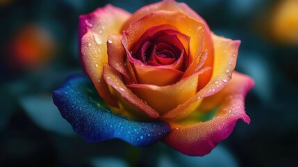 Close-up of a vibrant multicolored rose with water droplets on its petals, displaying shades of orange, pink, yellow, and blue against a dark blurred background