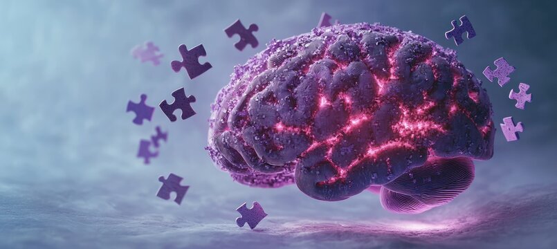 3d visualization of a glowing purple human brain with glowing neural pathways surrounded by floating puzzle pieces representing cognition and mental complexity