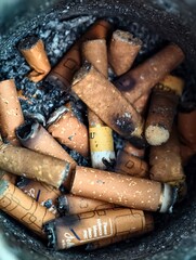 Close-Up of Numerous Cigarette and Cigarillo Butts in a Dirty Ashtray