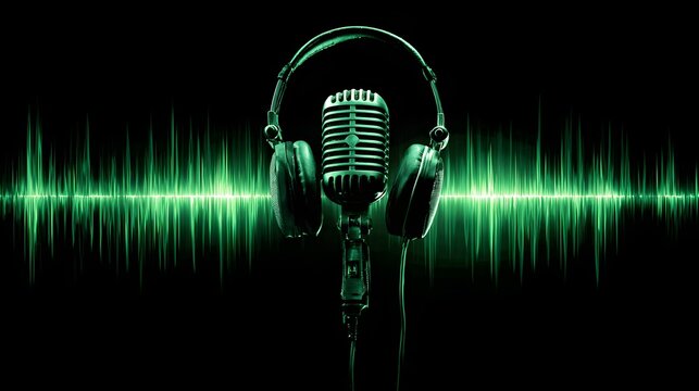 quality microphone and over ear audio equipment displayed against a vibrant green sound wave graphic
