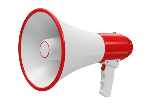 Red and white megaphone device for amplifying sound and communication isolated on transparent background