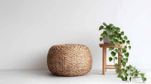 Natural woven pouf and cascading houseplant sit beside a simple wooden stool against a bright wall