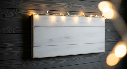 Blank white wooden sign illuminated by fairy lights hangs on rustic gray wooden wall, creating cozy and inviting atmosphere for personalized message.