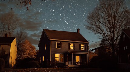 Starry night sky over modern suburban home at peaceful evening