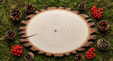 Wooden slice surrounded by pine cones and red berries on green grass creates a natural, rustic centerpiece for autumn or winter decor.
