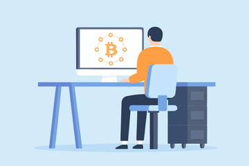 Man working on computer with bitcoin symbol on screen in modern office setting