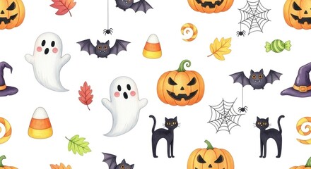 Naklejka premium Watercolor Halloween pattern featuring jack-o-lanterns, bats, ghosts, and festive elements