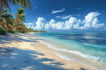 peaceful tropical beach with golden sand, clear turquoise water, palm trees casting shadows, and fluffy white clouds under a vibrant blue sky