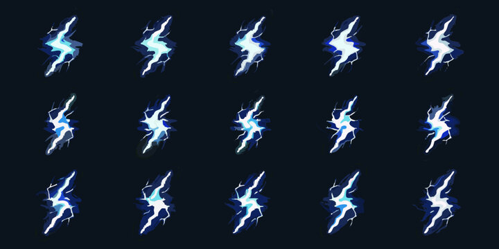 Animated lightning bolt effects sprite sheet with blue and white energy bursts