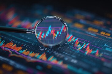 A close-up view of a magnifying glass over a financial chart, showcasing market analysis and trends.