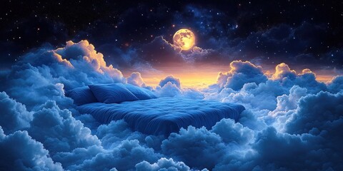 A surreal scene of a bed floating among soft clouds under a glowing full moon and starry night sky, evoking tranquility and dreamlike wonder