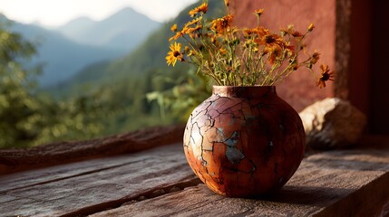 Still life of cracked vase filled with yellow flowers on a wooden surface with mountain backdrop