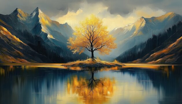 Solitary golden tree on a small island surrounded by calm lake water reflecting the tree and snow-capped mountains under a cloudy sky
