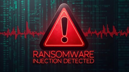 Red alert symbol highlighting ransomware injection detection with a digital background.