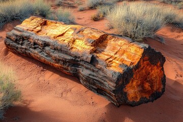 Close-up of a large weathered petrified log with rich orange and brown textures resting on reddish desert sand surrounded by sparse dry desert shrubs