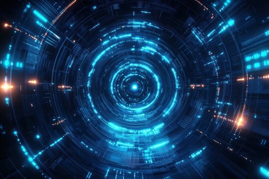 Futuristic digital circular interface with concentric glowing blue and orange light rings and complex technological patterns - Powered by Adobe
