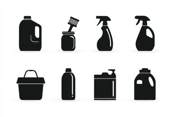 Fototapeta premium A collection of various cleaning supplies and tools, arranged in a neat row, on a .