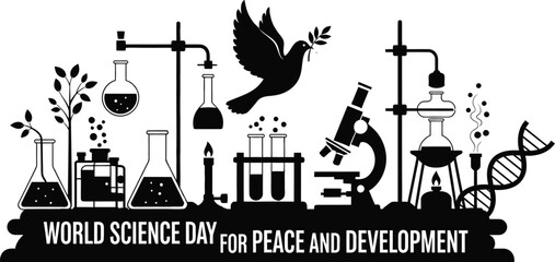 Vector art of world science day for peace and development with laboratory equipment