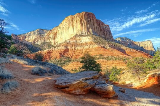 Sunlit towering red rock formation with layered cliffs surrounded by desert shrubs and a clear blue sky