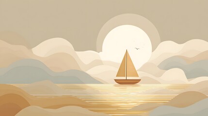 Minimalist depiction of a small sailboat navigating calm water against a backdrop of stylized rolling shapes at sunrise or sunset.