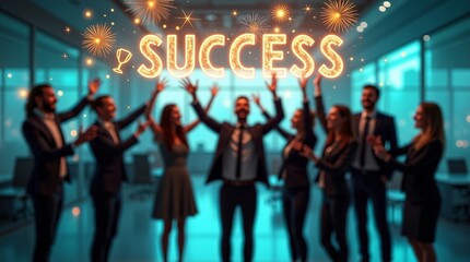A diverse group of professionals celebrating success in a modern office setting, with sparkles around the word 'SUCCESS'.
