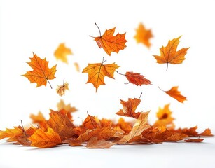 A collection of vibrant orange and brown autumn leaves falling and swirling above a pile of scattered dry leaves on a bright white background capturing the essence of fall season