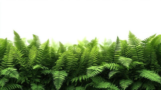 Dense cluster of vibrant green fern leaves with distinct leaflets against a bright white background evoking freshness and nature