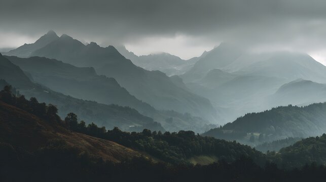 Layered mountain ranges fade into a heavily clouded and misty atmosphere