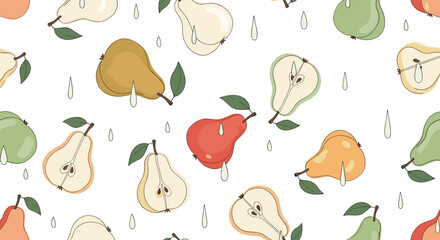 Fototapeta premium Seamless pattern with various colorful pears and leaves, with water droplets.