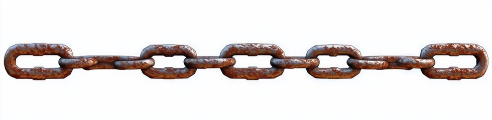 horizontal rusty iron chain with large and small interlinked oval and oblong links on white background