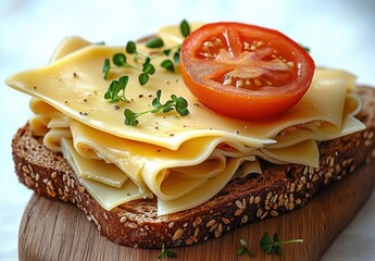 Close-up of a sandwich with layers of sliced cheese, a tomato slice, and fresh green herbs on multigrain bread, placed on a wooden board