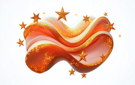 Abstract orange wave with golden glitter and floating sparkling stars on white background conveying elegance and motion