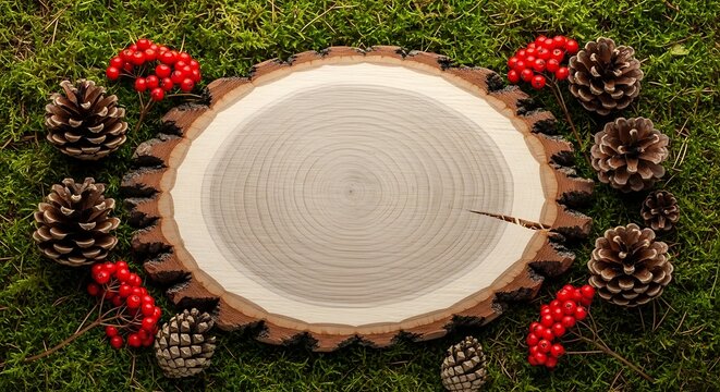 Wooden slice displays pine cones and red berries on green moss, creating a natural and festive holiday arrangement in a woodland setting. - Powered by Adobe