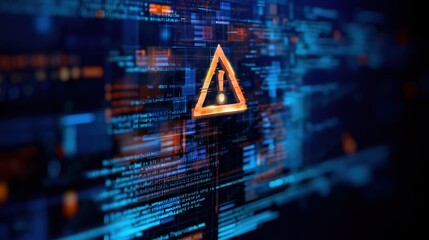 Abstract digital background with glowing code and orange warning triangle symbol, futuristic cybersecurity alert and system security concept, dark blue holographic backdrop for data protection and sof