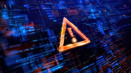 Abstract digital background with glowing code and orange warning triangle symbol, futuristic cybersecurity alert and system security concept, dark blue holographic backdrop for data protection and sof