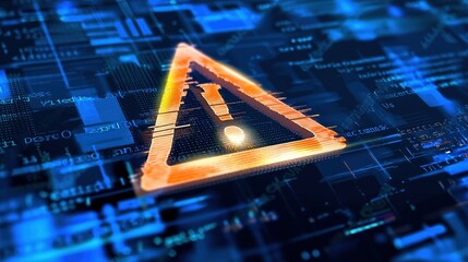 Abstract digital background with glowing code and orange warning triangle symbol, futuristic cybersecurity alert and system security concept, dark blue holographic backdrop for data protection and sof