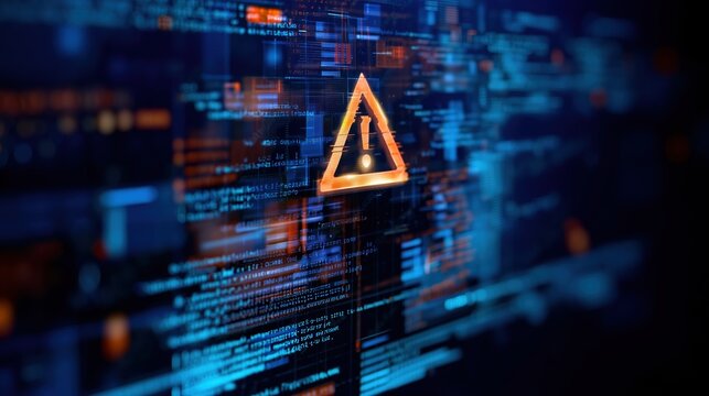 Abstract digital background with glowing code and orange warning triangle symbol, futuristic cybersecurity alert and system security concept, dark blue holographic backdrop for data protection and sof