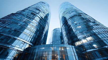 Modern, towering structures feature curved glass facades against a cool blue sky