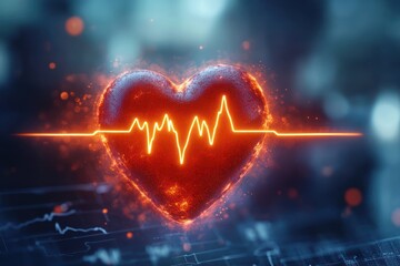 Glowing red heart with an animated orange electrocardiogram line pulsating around it, set against a blurred futuristic blue background conveying vitality and life