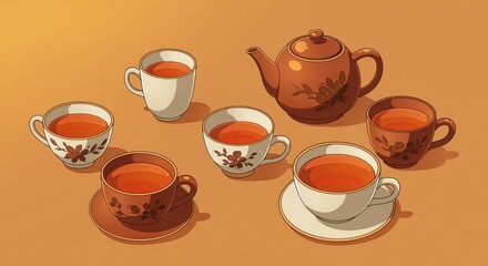 Obraz premium Cozy Tea Set: A warm and inviting composition of tea cups and a teapot, inviting moments of relaxation and the simple pleasure of a perfect brew.