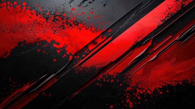 Abstract digital artwork featuring bold textured black and red diagonal stripes with dynamic splatters and sharp layered edges