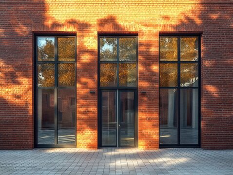 Facade of a modern building with red brick walls and three tall black-framed glass windows reflecting autumn trees under warm sunlight