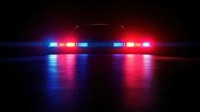 Rear view of a vehicle with red and blue emergency lights reflecting on wet asphalt in the dark, creating a dramatic and intense atmosphere