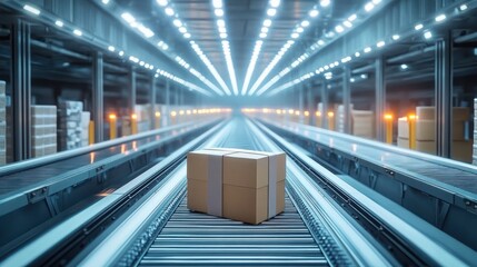 Naklejka premium Single cardboard box on conveyor belt in a brightly lit modern warehouse with rows of packages and industrial shelving