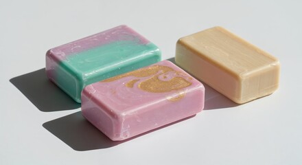 Artisan Soap Bars: Captivating trio of vibrant, handcrafted soap bars, each a unique blend of color and texture, offering a sensory experience.