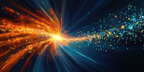 Naklejka premium Dynamic explosion of vibrant orange and blue particles radiating from a bright central point with flowing streaks of light conveying energy and motion