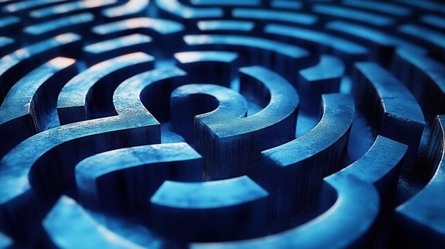 close-up image of a blue metallic circular labyrinth with intricate curved pathways and shadows creating a mysterious and complex atmosphere